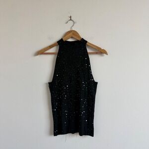 Vintage 90s Black Beaded Sequin Sleeveless Top Size Medium